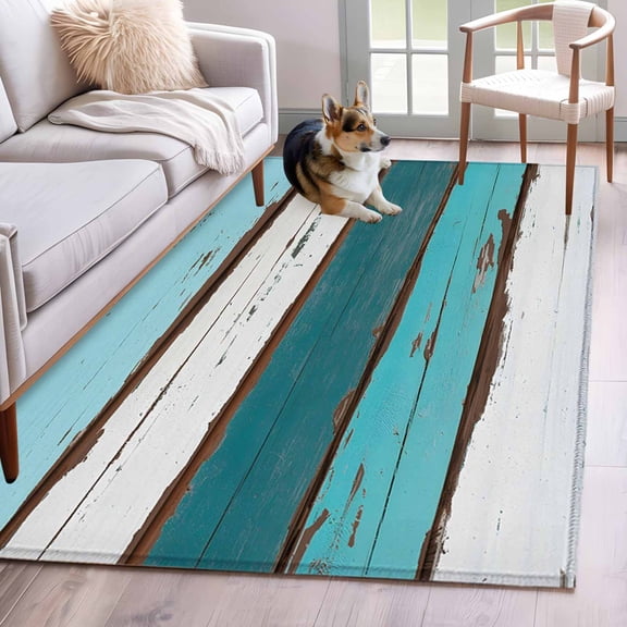 Turquoise Teal 3'x5' Washable Rug, Farmhouse Retro Ombre Wooden Grain Non-Slip Area Rugs for Entryway Kitchen Classroom, StainResistant Dorm Throw Carpet, Low Pile Soft Indoor Floor Mat