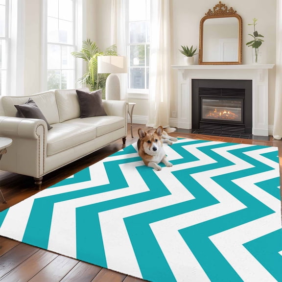 Turquoise Teal 5x7 Area Rugs for Living Room, Chevron Zig Zag Ripple Non Slip Floor Mat Washable Low-Profile Indoor Carpet for Bedroom, Dining Room, Bathroom