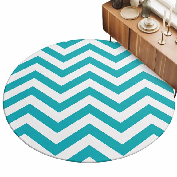 Turquoise Teal Area Rug, Chevron Zig Zag Ripple Non-Slip Felt Rubber Backing Round Indoor Carpet Washable Rugs for Living Room Bedroom 7ft