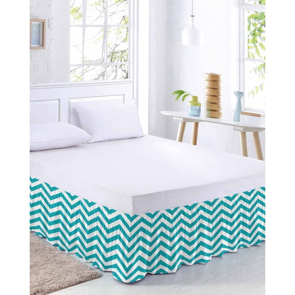 Turquoise Teal Bed Skirt King Size 18 Inch Drop, Chevron Zig Zag Ripple Adjustable Elastic Dust Ruffles Bedskirt for King Bed Wrap Around Pleated Mattress Frame Cover