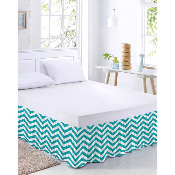 Turquoise Teal Bed Skirt Queen Size 16 Inch Drop, Chevron Zig Zag Ripple Adjustable Elastic Dust Ruffles Bedskirt for Queen Bed Wrap Around Pleated Mattress Frame Cover