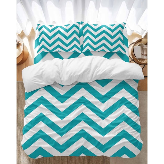 Turquoise Teal Bedding Duvet Cover Set King Size 4 Pieces Chevron Zig Zag Ripple Soft Twill Plush Quilt Cover, Include 1 Duvet Cover 1 Flat Sheet And 2 Pillow