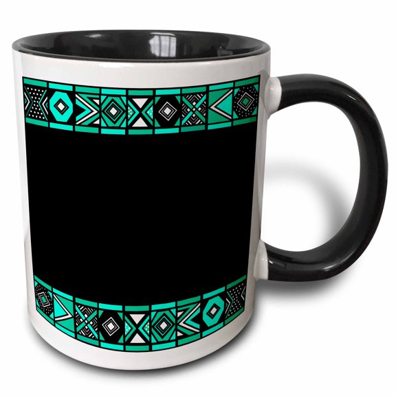 3drose, Turquoise Teal Blue and Black African Pattern - Art of Africa Inspired by Stylish Zulu Beadwork, 15oz Two-tone Black Mug