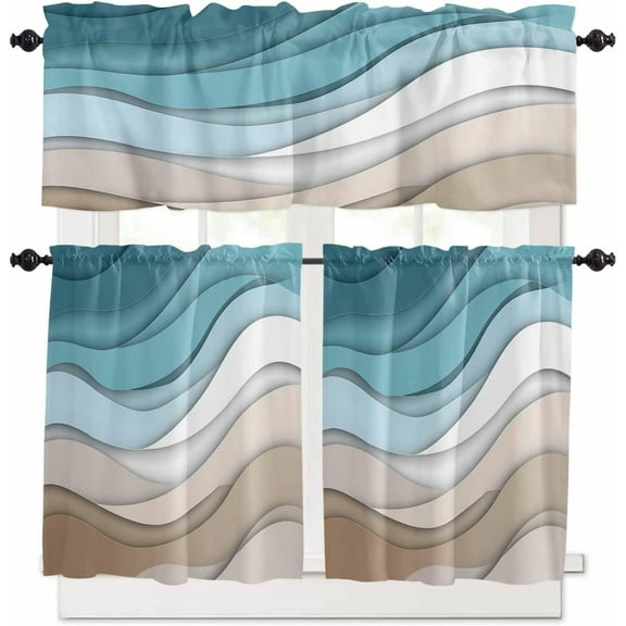 Turquoise Teal Brown Kitchen Curtains and Valances Set, Rod Pocket Modern Abstract Art Tier Curtains 24 Inch Length, 3 Piece Ombre Stripes Wave Short Cafe Drapes Aesthetic Window Treatments Set