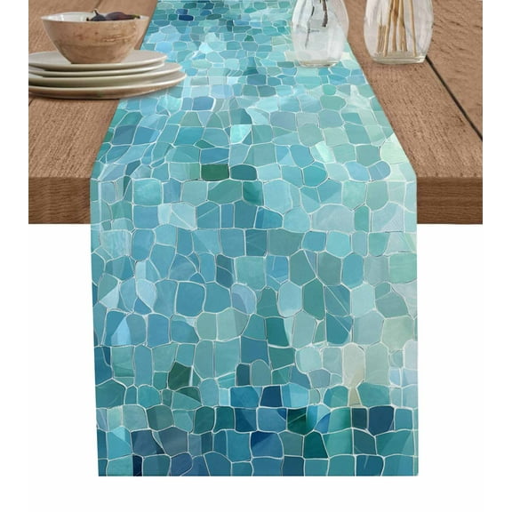 Turquoise Teal Burlap Cotton Table Runner 14x72 Inches Long, Chic Abstract Aesthetic Art Modern Farmhouse Table Runners, Outdoor Dining Tablecloths Decor for Baby Shower/Party/Wedding