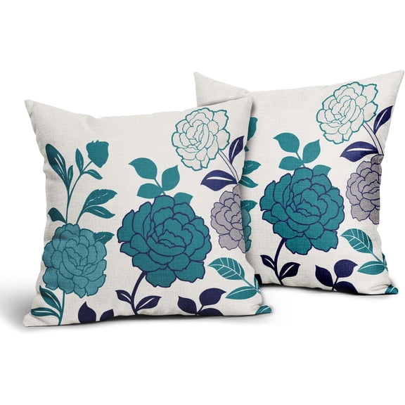 Turquoise Teal Foral Pillow Covers 16x16 Inch Set of 2 Spring Summer Outdoor Throw Pillow Covers Green Flowers Decorative Linen Square Pillowscase Cushion Covers for Sofa Couch Bedroom Home Decor