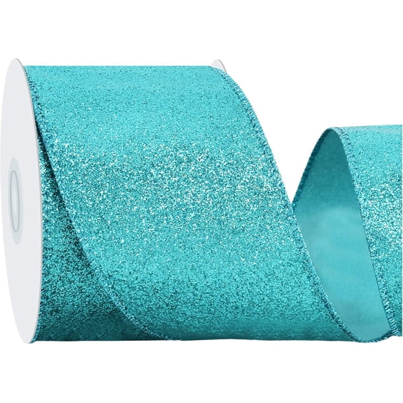 Turquoise Teal Glitter Ribbon, 2.5 Inch 10 Yards Sparkly Wired Edge Fabric Ribbon for Craft, Wreath Bow, Gift Wrapping, Christmas Party Decoration