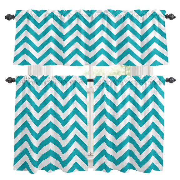 Turquoise Teal Kitchen Curtains and Valances Set, Chevron Zig Zag Ripple Rod Pocket Window Valance Window Curtain Panels for Living Room Bedroom Laundry, 27.5x24in, 3 Pieces