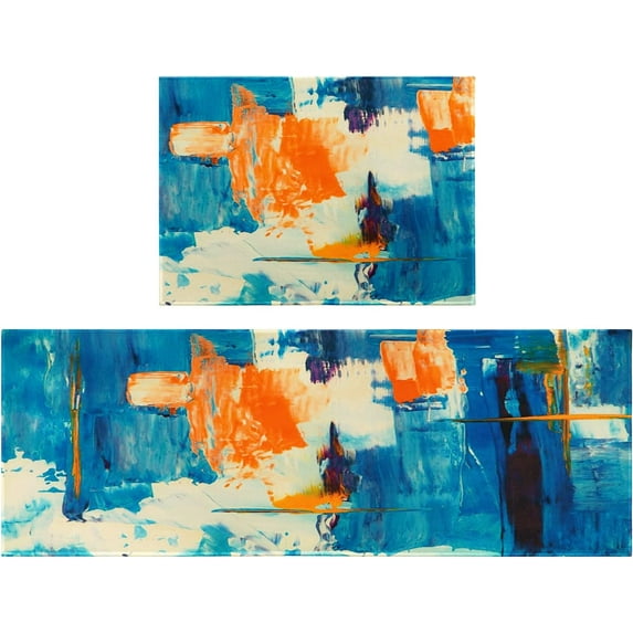 Turquoise Teal Modern Abstract Kitchen Rug Set,Blue Orange Artistic Painting Decorative Runner Rugs with Rubber Backing,Throw Rugs Washable for Kitchen Sink,Laundry Room,Standing Desk,Boho