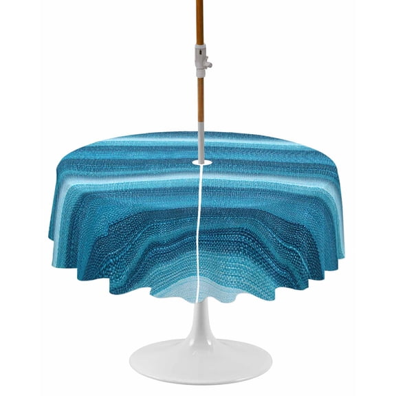 Turquoise Teal Ombre Round Outdoor Tablecloth, Waterproof Table Cloth Cover with Umbrella Hole and Zipper, Farmhouse Modern Abstract Striped Table Protector for Patio Party Picnic 60" Round
