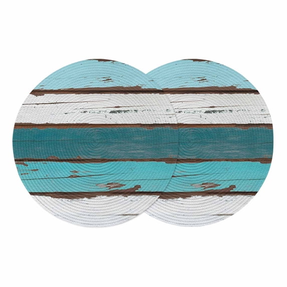 Turquoise Teal Round 15 Inch Placemats Set of 2, Farmhouse Retro Ombre Wooden Grain HeatResistant Non Slip Place Mats for Dining Table, Wipeable Braided Kitchen Table Mats for Housewarming