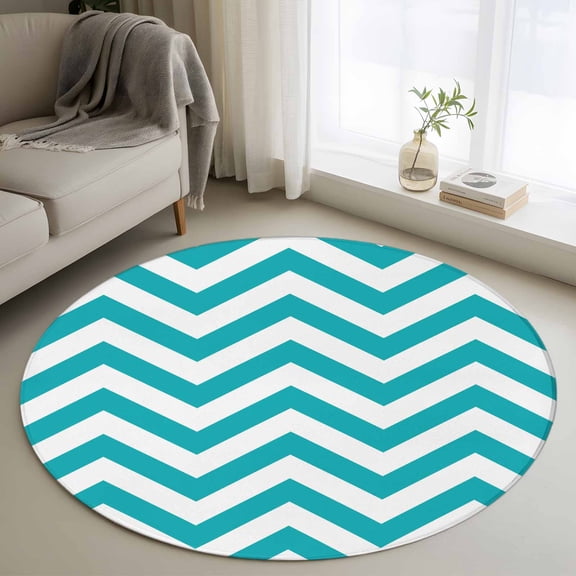 Turquoise Teal Round Area Rugs 3 ft, Chevron Zig Zag Ripple Washable Small Area Rug with Non-Slip Sturdy Edge Binding Round Front Door Mat Floor Carpet for Entryway