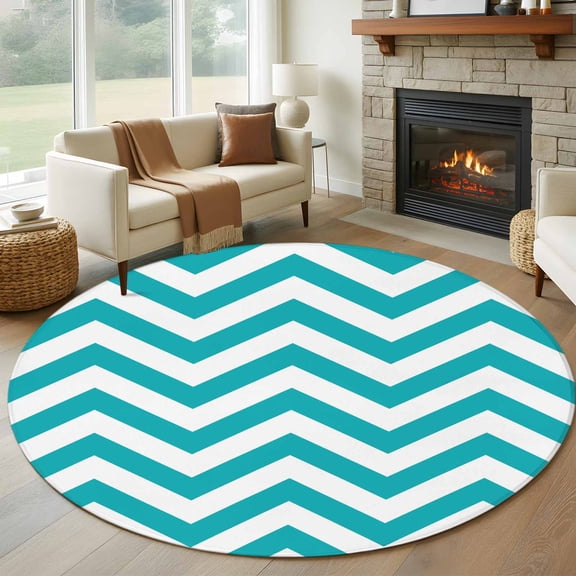 Turquoise Teal Round Living Room Rugs 6 ft, Chevron Zig Zag Ripple Washable Area Rug with Non-Slip Sturdy Edge Binding Round Carpet for Kitchen Office Bedroom