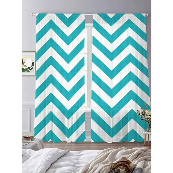 Turquoise Teal Sheer Curtains 108 inches Long 2 Panels Set Chevron Zig Zag Ripple Tiers Sheers Rod Pocket Small Window Short Curtains for Kitchen Cafe, Each 52" W x 108" L