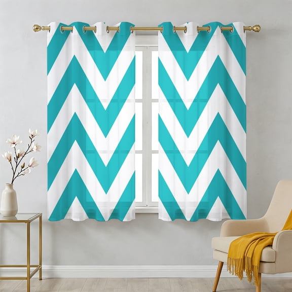 Turquoise Teal Sheer Curtains 39 Inch Long 2 Panels, Chevron Zig Zag Ripple Light Filtering Semi Sheer Drapes Grommet Voile Window Curtain for Living Bedroom W27.9 x L39