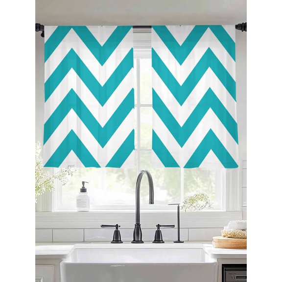 Turquoise Teal Sheer Curtains 45 inches Long 2 Panels Set Chevron Zig Zag Ripple Tiers Sheers Rod Pocket Small Window Short Curtains for Kitchen Cafe, Each 52" W x 45" L