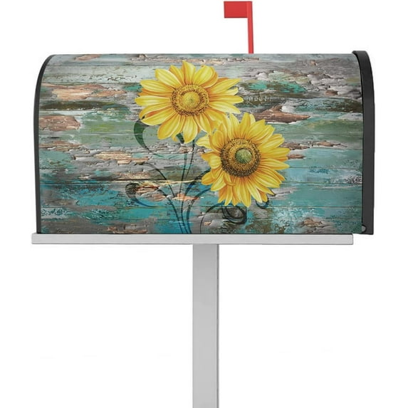 Turquoise Teal Sunflower Mailbox Covers Magnetic Standard Size,Decorative Post Letter Numbers Box Wrap Decoration Covers Accessories for Garden Yard Outdoor Décor,Vintage Wood Grain Newspaper