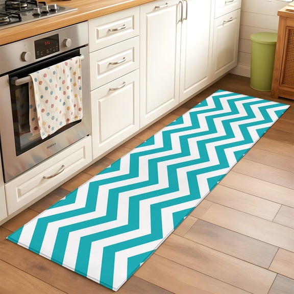 Turquoise Teal Washable Hallway Runner Rug 2x6 Chevron Zig Zag Ripple Kitchen Runner Rug with Non Slip Backing, Low Pile Indoor Floor Mat for Entryway, Laundry, Bedroom