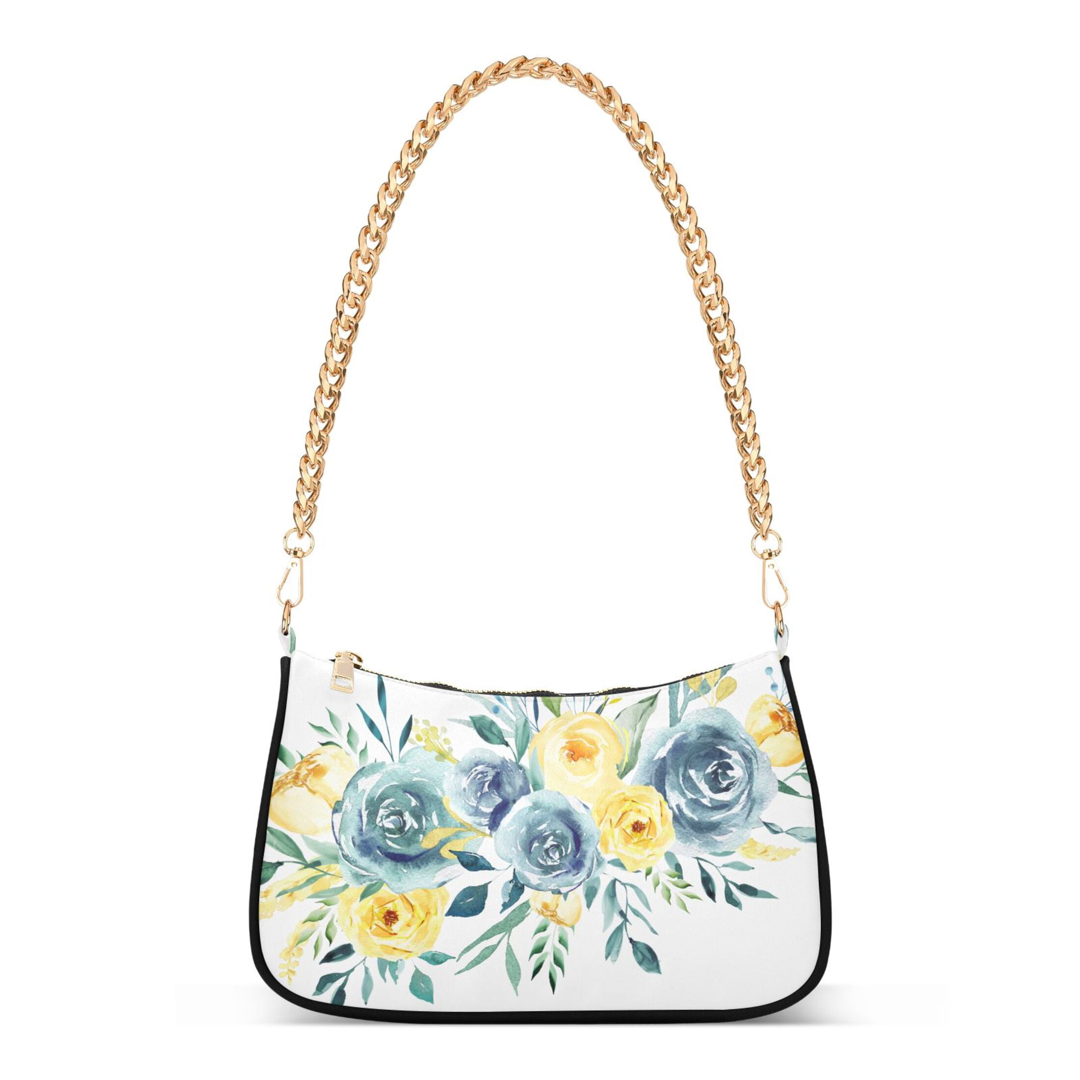 Turquoise Teal Yellow Boho Flowers Womens Chain Shoulder Bag Tote Handbag Clutch Hobo Purse with Zipper for Travel Casual