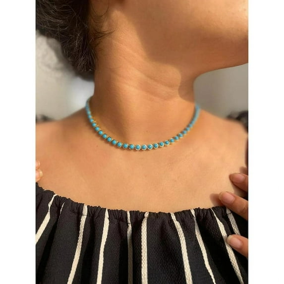 Turquoise Tennis Necklace 925 Sterling Silver Handmade Jewelry , 4mm Round Turquoise Necklace , Perfect Gift for Wedding Anniversary