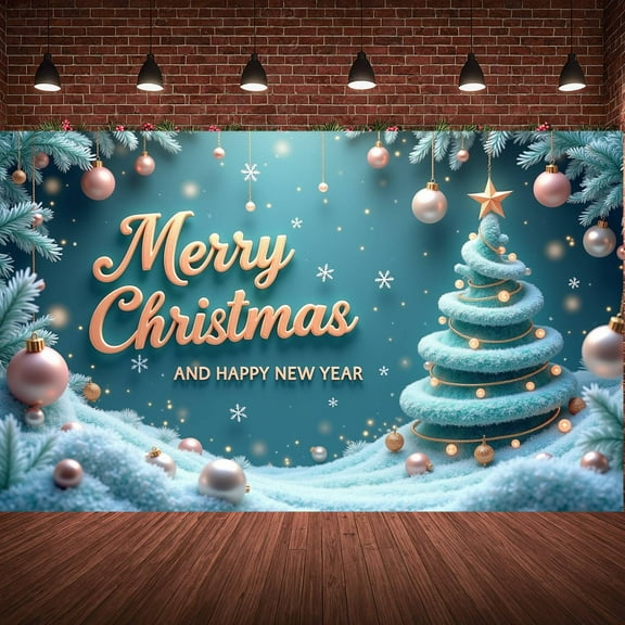 Turquoise Theme Christmas Banner Gold Lettering Holiday Backdrop Snowflake Pattern Christmas Tree Design New Year Background for Christmas Party New Year Celebration Holiday Gathering
