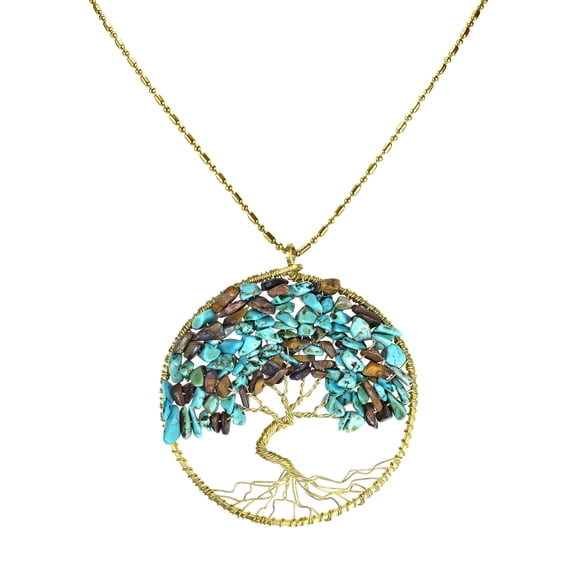 Turquoise-Tiger's Eye Stone Eternal Tree of Life Brass Long Necklace