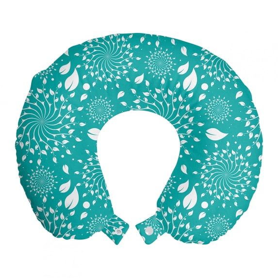 Turquoise Travel Pillow Neck Rest, Blossoming Nature Theme Swirls Vortex Leaves Stalks and Dots Vintage Pattern, Memory Foam Traveling Accessory Airplane and Car, 12", Turquoise White, by Ambesonne