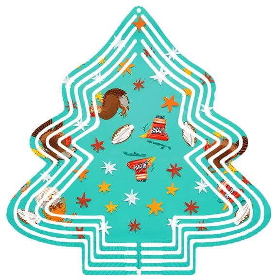 Turquoise Tree-Shaped Metal Wind Spinner with Festive Pattern Colorful Illustrations of Squirrel Turkey Stars for Garden Decor