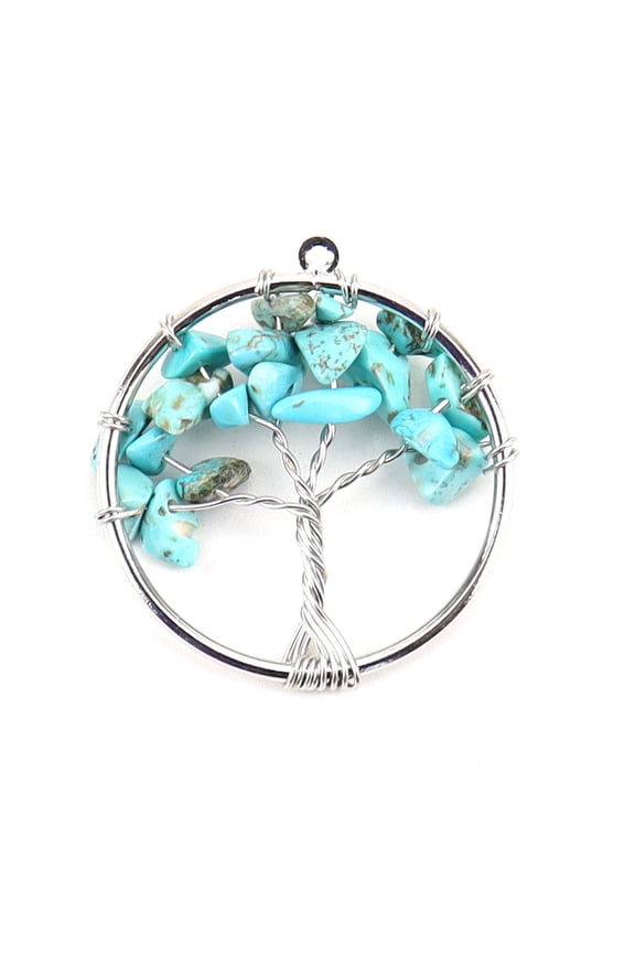 Turquoise Tree fo Life Pendants Iron Ring Chip Gems Tree Charms Platinum 30mm