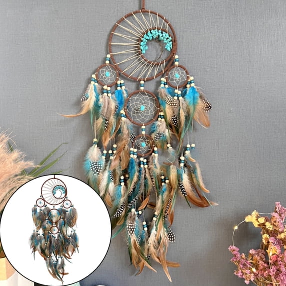 Turquoise Tree of Life Dream Catcher for Bedroom, Small Wall Hanging for Kids Boys Girls, Five Circle Crystal Design, 1 Piece