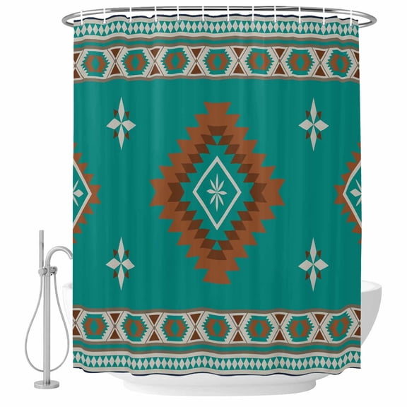 Turquoise Tribal Geometric Bathroom Shower Curtains with Hooks, Vintage Boho Native Abstract Waterproof Fabric Washable Shower Curtain for Home Hotel Bathtub Decor 36x72 Inch