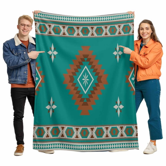 Turquoise Tribal Geometric Flannel Blanket for Bed,Travel and Camping, Vintage Boho Native Abstract Super Soft Cozy Blanket for All Seasons 60"x80"