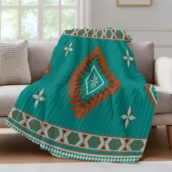 Turquoise Tribal Geometric Throw Blanket for Couch Vintage Boho Native Abstract Soft and Warm Flannel 3D Striped Fuzzy Fleece Blanket Lightweight Throw for Bed, Sofa 30 x 40 Inches