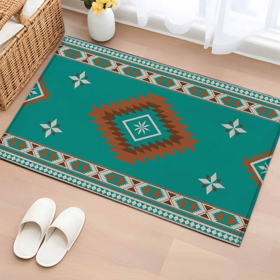 Turquoise Tribal Geometric Washable Small Entryway Area Rugs 2'x3', Vintage Boho Native Abstract Low Pile Throw Rug Non-Slip Sturdy Edge Binding Carpet for Front Door Floor Room Entry