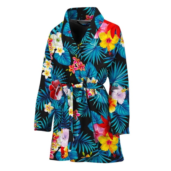 Turquoise Tropical Hawaii Pattern Women Bathrobe One Size Univeral Fits, Tropical Hawaiian Aloha Floral Fashion Lightweight Plush Fleece Long Robe For Women
