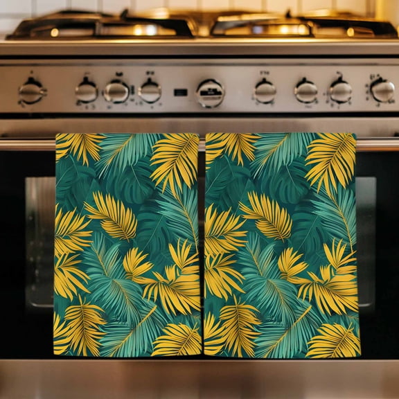 Turquoise Tropical Kitchen Towels Set of 3, Gold Palm Leaves Summer Pastoral Absorbent Dish Towels for Kitchen, Microfiber Hand Towel, Quick Drying Tea Towel for Cleaning Decorative Dishcloths