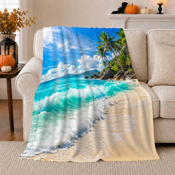 Turquoise Tropical Wave by Palm Shore, Vibrant Coastal Style for Ocean Lovers, Blue Sky Beach Scene and Birthday Gift, Cozy Flannel Blanket for Sofa and Sunroom, Nautical Home Decor