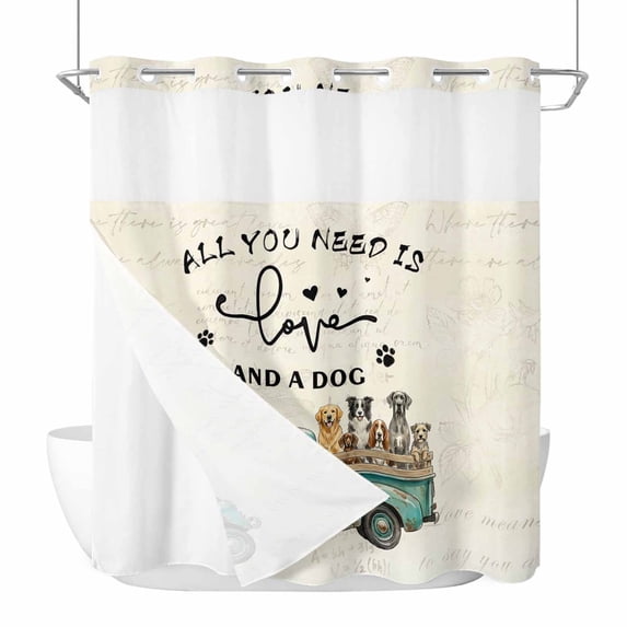 Turquoise Truck Dog No Hook Shower Curtain with Snap in Liner Dog Claws Vintage Farmhouse Waterproof Bathroom Shower Curtain with See Through Top Window for Bathtub 72" x 72"