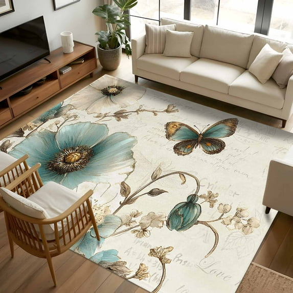 Turquoise Tulip 6x9 Area Rugs, Spring Vintage Botanical Butterfly Floral Non-Skid Rubber Backing Large Rectangle Rugs - Living Room Bedroom Home Office, Indoor Floor Mat Carpets Washable Rug