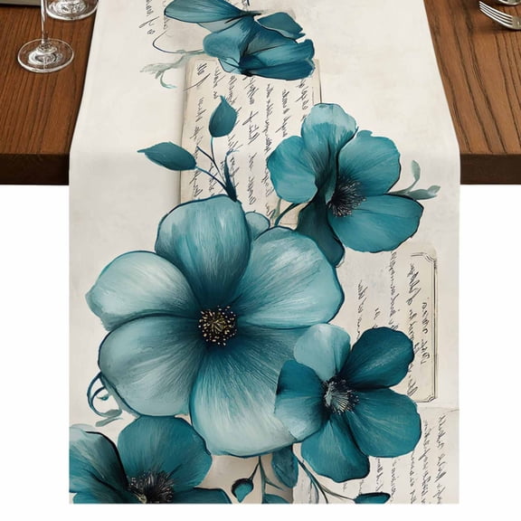 Turquoise Tulip Watercolor Vintage Table Runner for Dining Table, Decorative Table Linen for Kitchen, Dining Room Tabletop Décor, Machine Washable, 13"x90"