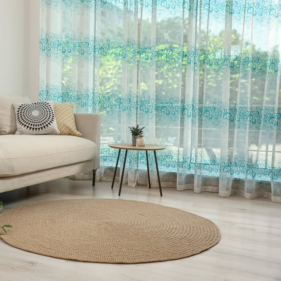 Turquoise Tulle Curtains with Rod Pocket, Abstract Floral Flowers Pattern Classic Design Illustration, Sheer Drape for Wedding Party 2 Panels, 7 Sizes, Teal Turquoise White, by Ambesonne