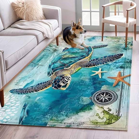 Turquoise Turtle Area Rug 4x6 Washable Rug Non Slip Farmhouse Coastal Starfish Seaweeds Large Area Rug Indoor Floor Carpet for Entryway Bedroom Kitchen Living Room Home Office Dining Room Nursery