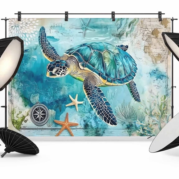 Turquoise Turtle Backdrop for Photoshoot,Photography Photo Studio Background Wall Backdrop,Farmhouse Coastal Starfish Seaweeds Back Drop Banner Panel for Portraits Wedding Party Live Streaming 7x5Ft