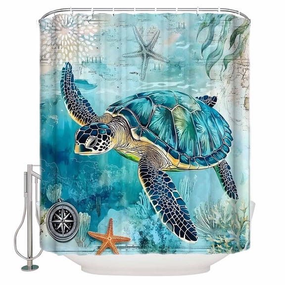Turquoise Turtle Bathroom Shower Curtains with 12 Hooks Polyester Waterproof Shower Curtain for Stalls Bathtubs Farmhouse Coastal Starfish Seaweeds Decorative Bathroom Privacy Curtain 36x72 Inches