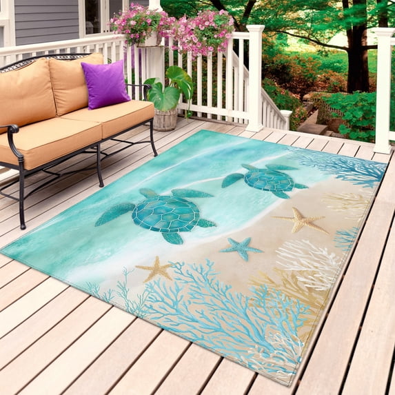 Turquoise Turtle Coastal Outdoor Rug for Patio/Deck/Porch, Non-Slip Large Area Rug 5 x 7 Ft, Waves Seaside Summer Beach Ocean Indoor Outdoor Rugs Washable Area Rugs, Camping Rug Carpet Runner