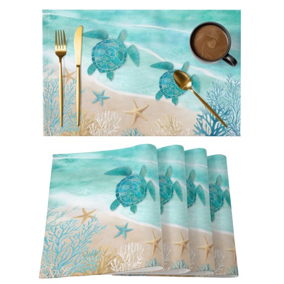 Turquoise Turtle Coastal Placemats Set of 4 Waves Seaside Summer Beach Ocean Place Mats Indoor Wipeable Table Mats Washable Dining Table Placemats for Kitchen Holiday Party Home Decor 13x19 Inch