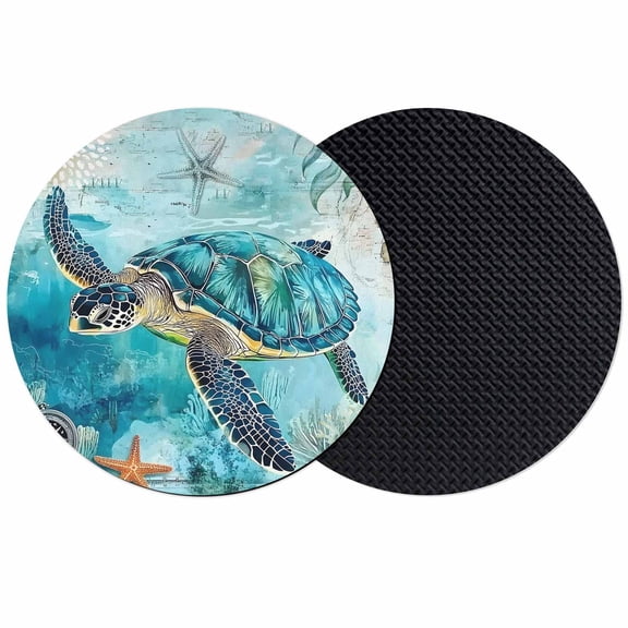 Turquoise Turtle Coasters Set of 2, Farmhouse Coastal Starfish Seaweeds Absorbent Coasters for Drinks, Coaster for Bar Office Dining Coffee Table Accessories Decor, Non Slip Round Desk Coaster