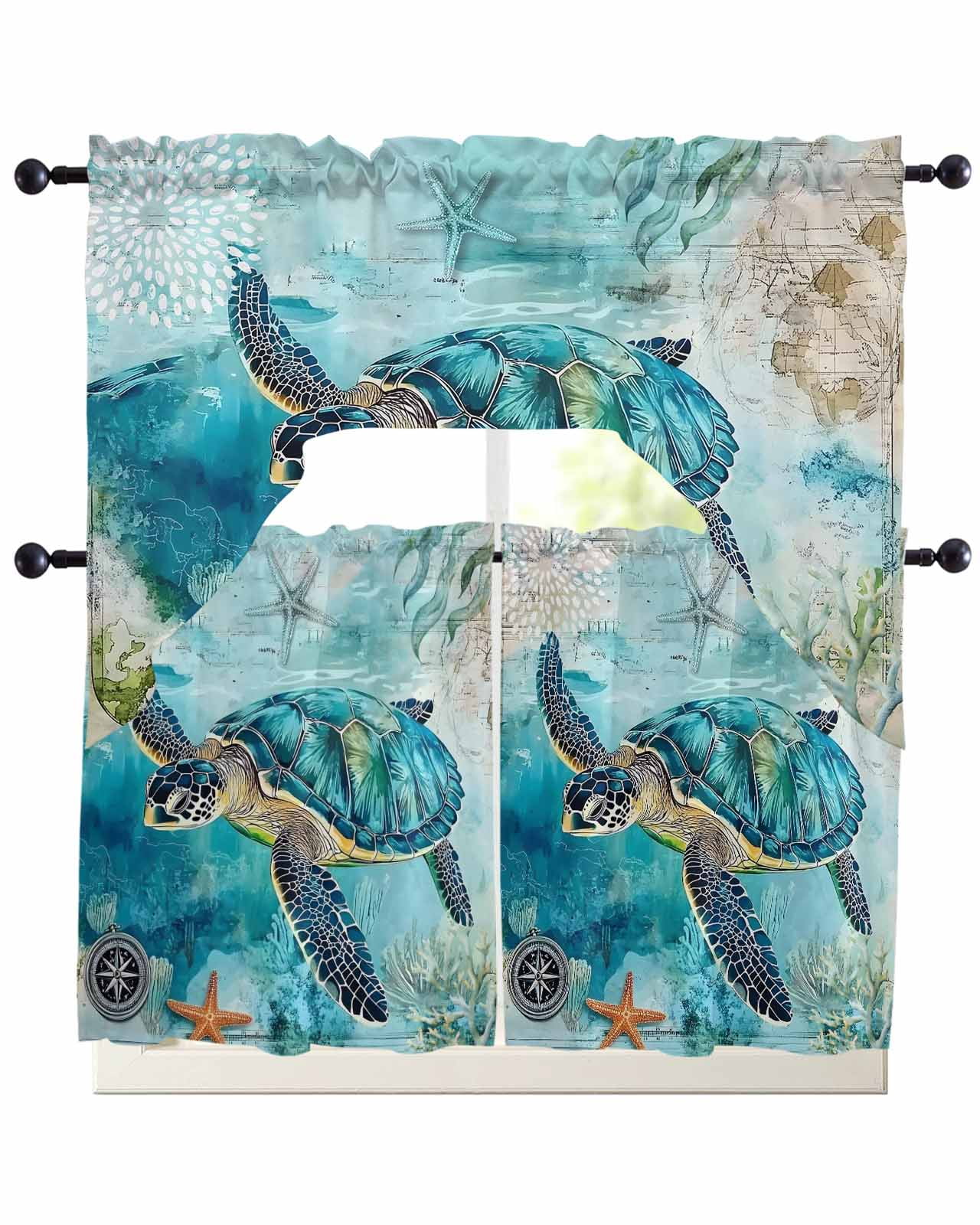 Turquoise Turtle Kitchen Curtains Sets 24 Inch Length with Valance ...