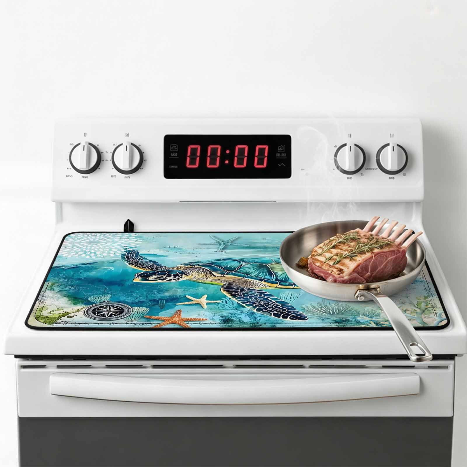 Turquoise Turtle Stove Top Cover for Electric Stove, Heat-proof & Non Slip Glass Top Stove Cover Protector, Farmhouse Coastal Starfish Seaweeds Kitchen Flat Cooktop Rubber Mat 24x21 Inches