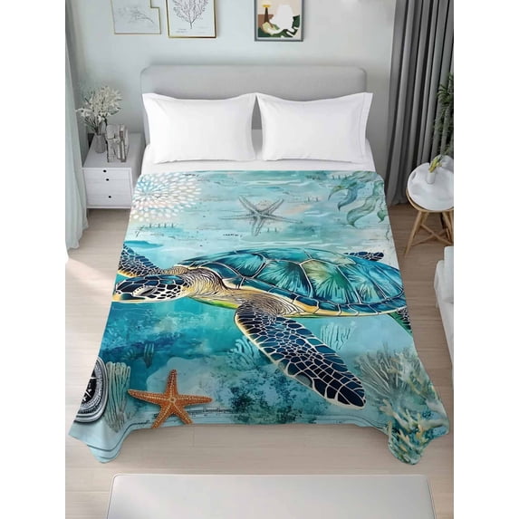 Turquoise Turtle Twim XL Size Flat Sheet, Wrinkleproof & Fadeproof Cooling Flat Bed Sheet Only, Farmhouse Coastal Starfish Seaweeds Breathable Soft Bedding Top Sheets 66 x 102 Inches